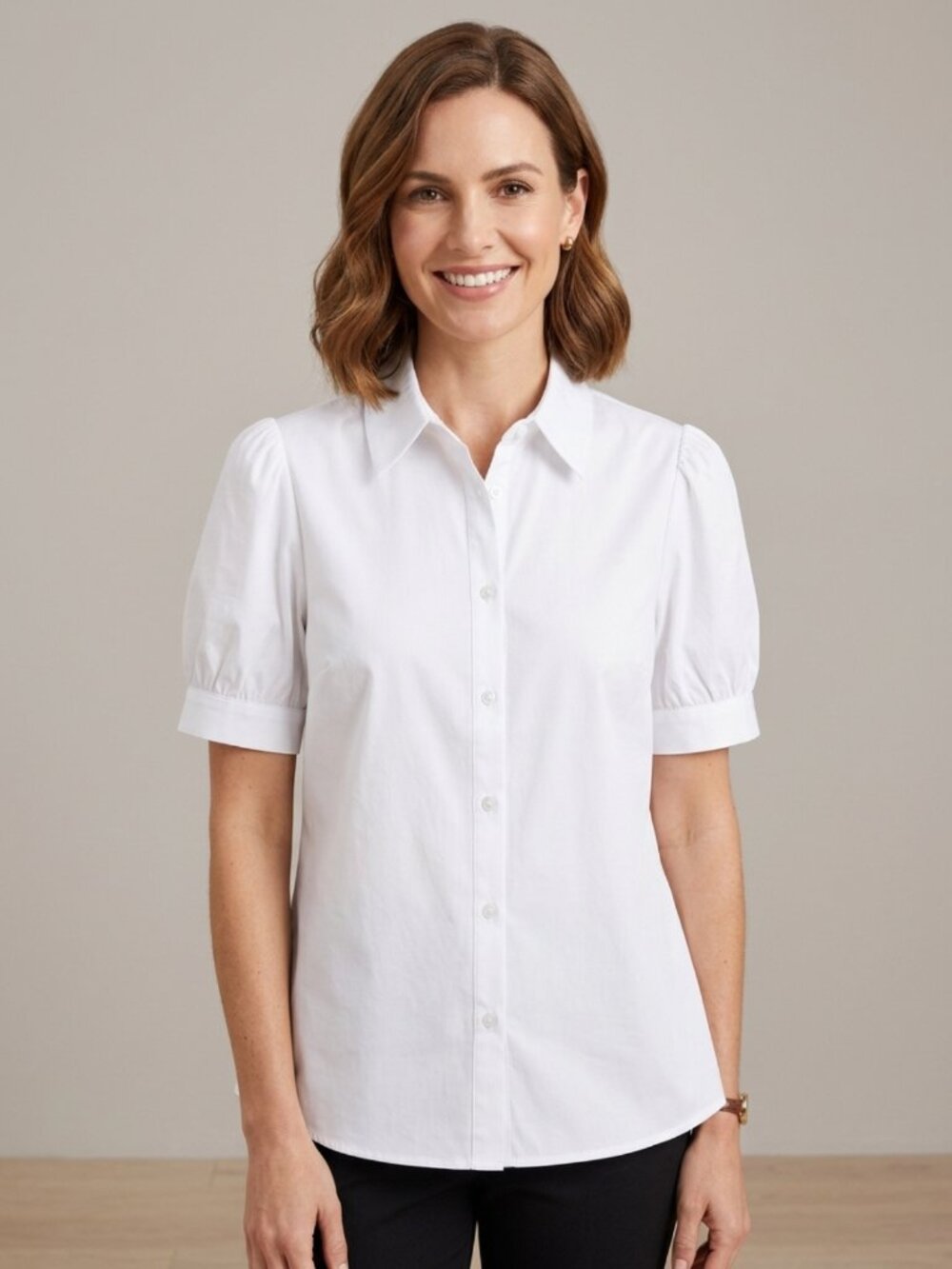 NWT Sunnow White Short Puff Sleeve Button Up Blouse Medium